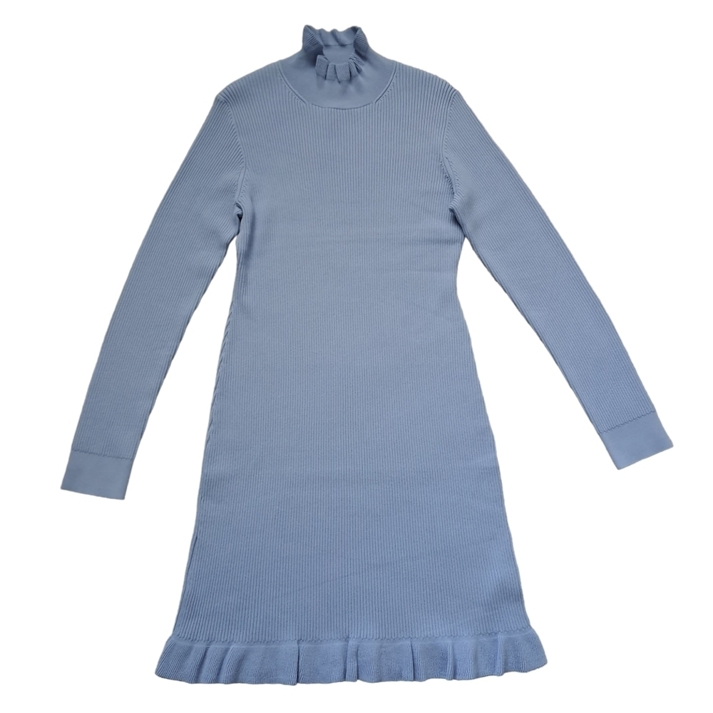 J. Crew Supersculpt Ribbed Midi Dress Long Sleeve Ruffle Trim Blue Size XL - Picture 6 of 16